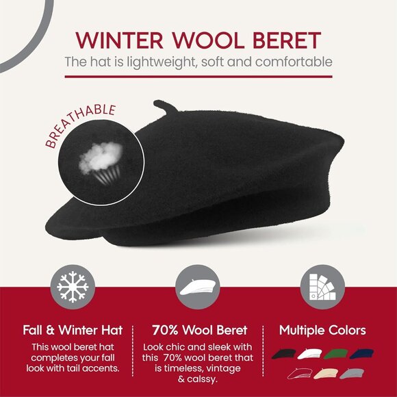 French Wool Beret Hat - Classic Stretchable - One Size Fits Most - Solid Color - - Picture 4 of 6